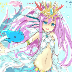 Rule 34 | 1girl, :&lt;, armlet, blue eyes, blush, breasts, bridal gauntlets, bubblie (p&amp;d), cleavage, coral, creature, fins, fish tail, frills, groin, hair ornament, hand on own shoulder, head fins, horns, jewelry, long hair, lots of jewelry, mermaid, midriff, monster girl, navel, open mouth, purple hair, puzzle &amp; dragons, single horn, siren (p&amp;d), small breasts, solo, tail, tiara, underwater, water, yukitarou (awamori)