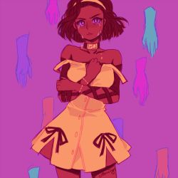 Rule 34 | 1girl, arm warmers, artist name, brown hair, choker, collarbone, cottonwings, crying, disembodied hand, dress, frown, hairband, jojo no kimyou na bouken, purple eyes, signature, solo, strap slip, streaming tears, sugimoto reimi, tears