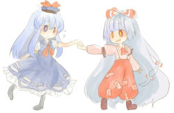 Rule 34 | 2girls, :d, as (ashyblown), chibi, eye contact, female focus, fujiwara no mokou, holding, holding hands, kamishirasawa keine, long hair, long sleeves, looking at another, multiple girls, ofuda, open mouth, pants, red eyes, shoes, simple background, smile, suspenders, touhou, very long hair, walking, white background