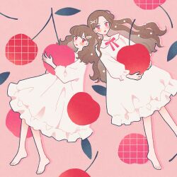 Rule 34 | 2girls, :o, barefoot, blush, bow, brown hair, cherry, commentary request, dot nose, dress, expressionless, feet, food, frilled dress, frilled sleeves, frills, fruit, full body, grid, hair ornament, hairclip, highres, holding, long hair, long sleeves, looking at viewer, multiple girls, nahara saki, open mouth, original, oversized food, oversized object, pink background, pink bow, pink eyes, puffy long sleeves, puffy sleeves, smile, toes, wavy hair, white dress, x hair ornament