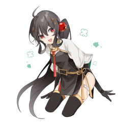 Rule 34 | 1girl, ahoge, black hair, black thighhighs, china dress, chinese clothes, dress, hair ornament, long hair, mechanical arms, open mouth, pulao (punishing: gray raven), punishing: gray raven, red eyes, short sleeves, side ponytail, slixin, thighhighs, very long hair, white background