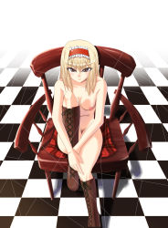 Rule 34 | 1girl, absurdres, alice margatroid, blonde hair, boots, breasts, bubble brave, chair, checkered floor, cross-laced footwear, female focus, floor, from above, hairband, highres, hugging own legs, knee boots, looking at viewer, nipples, nude, perspective, plaid, red eyes, short hair, sitting, solo, touhou