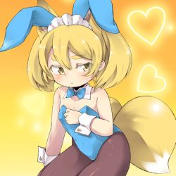 Rule 34 | 1girl, animal ears, blonde hair, blush, bow, bowtie, croixsan, detached collar, female focus, flat chest, fox ears, fox tail, leotard, multiple tails, original, pantyhose, playboy bunny, solo, strapless, strapless leotard, tail, twintails