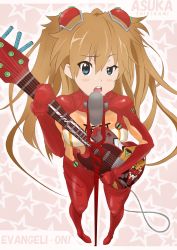 Rule 34 | 1girl, bad id, bad pixiv id, blue eyes, bodysuit, brown hair, eva 02, evangelion: 2.0 you can (not) advance, foreshortening, guitar, highres, instrument, k-on!, lance, lance of longinus (evangelion), left-handed, long hair, microphone, microphone stand, multicolored clothes, neon genesis evangelion, nerv, objectification, open mouth, parody, plugsuit, polearm, rebuild of evangelion, round teeth, sanomakotodesu, solo, souryuu asuka langley, spear, star (symbol), teeth, test plugsuit, uneven eyes, very long hair, weapon