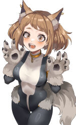 Rule 34 | 1girl, absurdres, animal ears, animal hands, black bodysuit, bodysuit, boku no hero academia, brown eyes, brown hair, claw pose, gloves, highres, looking at viewer, multicolored bodysuit, multicolored clothes, open mouth, paw gloves, short hair, simple background, solo, superhero costume, tail, uraraka ochako, white background, white bodysuit, wolf ears, wolf girl, wolf tail, zd (pixiv6210083)
