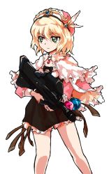Rule 34 | 1girl, alice margatroid, alphes (style), assault rifle, atelier (series), atelier rorona, bad id, bad pixiv id, blonde hair, bow, bullpup, capelet, cosplay, dress, female focus, fn f2000, frills, gem, green eyes, gun, hat, jewelry, parody, pendant, rifle, rororina fryxell, rororina fryxell (cosplay), solo, style parody, touhou, towie, transparent background, weapon, wings