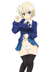 Rule 34 | 10s, 1girl, black pantyhose, blonde hair, blue eyes, blue skirt, blue sweater, blush, bow, bow panties, braid, chair, clothes lift, clothes pull, darjeeling (girls und panzer), dress shirt, emblem, girls und panzer, lifted by self, looking at viewer, miniskirt, necktie, ouhashi, panties, pantyhose, pantyhose pull, pleated skirt, school uniform, shirt, short hair, skirt, skirt lift, smile, solo, standing, sweater, thigh gap, underwear, v, v-neck, white background, white panties, white shirt