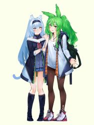 Rule 34 | 2girls, animal ears, arm hug, bad id, bad pixiv id, bag, bag charm, black jacket, blue footwear, blue hair, blue hairband, blue shirt, blue skirt, blush, boots, breasts, bright pupils, brown legwear, casual, cat ears, cat girl, cat tail, character name, charm (object), cleavage, closed mouth, clothes writing, collarbone, collared shirt, girls&#039; frontline, green eyes, greyscale, hair between eyes, hairband, highres, hood, hood down, hooded jacket, jacket, jewelry, kemonomimi mode, knee boots, kneehighs, long hair, long sleeves, looking at viewer, m950a (girls&#039; frontline), mania (fd6060 60), microskirt, monochrome, multiple girls, neck ribbon, necklace, nose blush, open clothes, open jacket, open mouth, pantyhose, pleated skirt, ponytail, red eyes, red ribbon, ribbon, shirt, shoes, shoulder bag, simple background, skirt, small breasts, smile, sneakers, socks, standing, striped clothes, striped shirt, tail, thunder (girls&#039; frontline), unbuttoned, unzipped, v-shaped eyebrows, vertical-striped clothes, vertical-striped shirt, very long hair, watch, white background, white footwear, white jacket, white shirt, wing collar, wristwatch, zipper