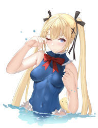 Rule 34 | 1girl, 1z10, absurdres, adapted costume, azur lane, bird, blonde hair, blue eyes, blue one-piece swimsuit, breasts, chick, chinese commentary, commentary request, dead or alive, dead or alive 5, frilled swimsuit, frills, hair ribbon, highres, looking at viewer, manjuu (azur lane), marie rose, one-piece swimsuit, one eye closed, ribbon, simple background, small breasts, solo, swimsuit, twintails, white background