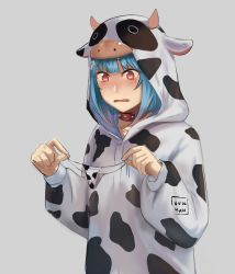 Rule 34 | 1girl, animal print, aqua hairband, artist name, blush, collar, copyright request, cow hood, cow print, grey background, hairband, hands up, hood, hood up, hunyan, long sleeves, medium hair, open mouth, red eyes, simple background, solo, upper body