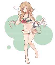 Rule 34 | 1girl, bad id, bad twitter id, bag, barefoot, bikini, blush, braid, breasts, cleavage, cloud hair ornament, frilled bikini, frills, full body, gradient hair, hair ornament, heart, kantai collection, large breasts, light brown hair, long hair, long sleeves, minegumo (kancolle), multicolored hair, open mouth, red eyes, shakemi (sake mgmgmg), simple background, solo, swimsuit, twin braids, two-tone background