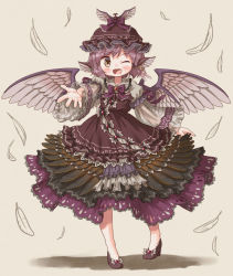 Rule 34 | 1girl, ;d, arinu, bird wings, bow, bowtie, brown background, brown eyes, brown footwear, brown headwear, dress, feather dress, feathers, full body, high heels, highres, long sleeves, looking at viewer, mystia lorelei, one eye closed, open mouth, pink hair, purple bow, purple bowtie, purple dress, short hair, simple background, smile, solo, standing, touhou, wide sleeves, winged hat, wings