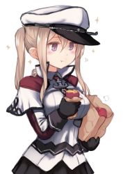 Rule 34 | 1girl, bag, black gloves, black pantyhose, black skirt, blonde hair, breasts, capelet, commentary request, cowboy shot, cross, eating, food, gloves, graf zeppelin (kancolle), grey eyes, hair between eyes, hat, iron cross, kantai collection, large breasts, military, military hat, military uniform, miniskirt, necktie, pantyhose, paper bag, peaked cap, pleated skirt, sidelocks, simple background, skirt, solo, standing, sweet potato, tsurime, twintails, uniform, upper body, utopia, white background, white hat
