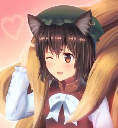 Rule 34 | 2girls, animal ears, bad id, bad pixiv id, blush, brown hair, cat ears, chen, earrings, fox tail, gradient background, hat, heart, highres, jewelry, long sleeves, mikomiko (mikomikosu), mob cap, multiple girls, multiple tails, one eye closed, orange eyes, out of frame, ribbon, shirt, short hair, single earring, solo focus, tail, touhou, upper body, vest, yakumo ran
