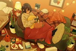 Rule 34 | 1girl, bed, black hair, black socks, blanket, bob cut, book, bookshelf, closed eyes, cookie, couch, cup, cushion, food, glasses, highres, holding, holding book, indoors, lamp, long sleeves, matsumine (twin-mix), nightstand, on couch, open book, original, pillow, plant, potted plant, slippers, socks, solo, stuffed animal, stuffed toy, sweater, tray, turtleneck, turtleneck sweater