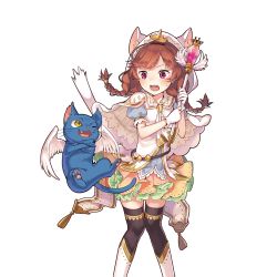 Rule 34 | 1girl, :d, :o, ;3, animal ears, animal hood, artist request, belt, belt skirt, black thighhighs, blue skin, blush, boots, braid, breasts, brown hair, capelet, caplet, cat, cat ears, cat hood, cat tail, colored skin, crossed arms, crown, dress, eye contact, facing viewer, fake animal ears, fang, fangs, floating hair, flying, gem, gloves, green eyes, hair tie, hands up, holding, holding wand, hood, knees together feet apart, lace, layered skirt, long hair, looking at another, manekohime wenzudei, mini crown, miniskirt, neckerchief, official art, one eye closed, open mouth, parted bangs, pink eyes, pleated skirt, puffy short sleeves, puffy sleeves, sailor collar, short sleeves, skirt, small breasts, smile, solo, standing, striped clothes, striped skirt, surprised, sweatdrop, tail, thigh gap, thighhighs, thighlet, tiara, transparent background, twin braids, uchi no hime-sama ga ichiban kawaii, vertical-striped clothes, vertical-striped skirt, wand, wednesday (uchi no hime-sama), white footwear, white gloves, white wings, wings, zettai ryouiki