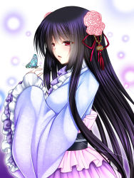 Rule 34 | 1girl, asazuki kanai, black hair, blush, bug, butterfly, butterfly on hand, dress, flower, frilled sleeves, frills, from side, hair flower, hair ornament, hair ribbon, hand up, insect, long hair, long sleeves, looking away, original, parted lips, red eyes, red ribbon, ribbon, sash, solo, tassel, very long hair, wide sleeves