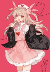Rule 34 | 1girl, apron, black jacket, center frills, chocoan, collared shirt, fang, frills, hair ornament, hat, highres, jacket, light brown hair, long hair, long sleeves, natori sana, nurse cap, open mouth, pink apron, pink hat, puffy sleeves, rabbit hair ornament, red background, sana channel, shirt, simple background, skin fang, solo, two side up, virtual youtuber