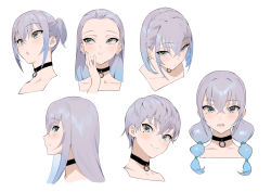 Rule 34 | 1girl, :t, alternate hairstyle, black choker, blue eyes, blush, braid, choker, closed mouth, crown braid, gradient hair, ikuchan kaoru, ikuchan kaoru (character), indie virtual youtuber, long hair, looking at viewer, making-of available, mole, mole under eye, multicolored hair, multiple views, open mouth, parted lips, portrait, short hair, simple background, smile, twin braids, twintails, virtual youtuber, white background