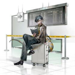 Rule 34 | 1boy, airport, arknights, black footwear, black hair, black pants, book, braid, closed mouth, collared shirt, corroserum (arknights), crossed legs, eyewear strap, full body, glasses, highres, holding, holding book, indoors, jacket, jewelry, long sleeves, looking at viewer, male focus, mira (345toron), necktie, open clothes, open jacket, orange necktie, pants, pointy ears, ponytail, shirt, shoes, sitting, socks, solo, suitcase, tail, white shirt, yellow eyes