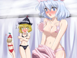 Rule 34 | 3girls, blonde hair, blue hair, blush, breasts, brown hair, covering privates, female focus, flx, hat, large breasts, lingerie, lunasa prismriver, lyrica prismriver, merlin prismriver, multiple girls, musical note, nipples, quaver, siblings, sisters, small breasts, surprised, touhou, underwear, underwear only, undressing, unfastened, wardrobe malfunction, yellow eyes