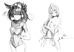 Rule 34 | 2girls, ahoge, alternate hairstyle, arms behind back, barefoot, breasts, greyscale, hachimaki, hair down, half-closed eyes, hatsuzuki (kancolle), headband, highres, kantai collection, leotard, lineart, long hair, looking at viewer, medium breasts, monochrome, multiple girls, short sleeves, simple background, sitting, smile, topless, traditional media, tsuji kazuho, yuugumo (kancolle)