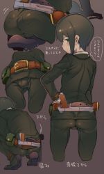 Rule 34 | 1girl, androgynous, ass, belt, belt pouch, boots, brown belt, character sheet, coat, collagen, commentary, from behind, from below, green eyes, green hair, green jacket, green pants, gun, handgun, holstered, jacket, kino (kino no tabi), kino no tabi, leather belt, looking at viewer, looking back, motor vehicle, motorcycle, multiple views, pants, pistol, pouch, reverse trap, riding, shirt, short hair, sidelocks, squatting, thigh gap, tomboy, translated, weapon, white shirt