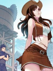 Rule 34 | 1girl, 2boys, 5tatsu, armor, arms behind back, bare arms, bare shoulders, belt, black gloves, black hair, breasts, brown eyes, brown gloves, brown hair, brown skirt, brown vest, building, closed mouth, cloud strife, cowboy hat, cowboy shot, cowboy western, cowgirl (western), crisis core final fantasy vii, crop top, crossed arms, day, expressionless, final fantasy, final fantasy vii, from below, gloves, hair slicked back, hat, head back, helmet, highres, leather skirt, leather vest, lips, long hair, looking at another, looking at viewer, looking to the side, medium breasts, midriff, mountain, multiple belts, multiple boys, navel, official alternate costume, outdoors, pencil skirt, scarf, shirt, short hair, shoulder armor, skirt, sky, sleeveless, sleeveless turtleneck, spiked hair, square enix, standing, suspenders, tifa lockhart, tifa lockhart (cowgirl), toned, toned male, turtleneck, twitter username, undershirt, vest, water tower, white shirt, zack fair