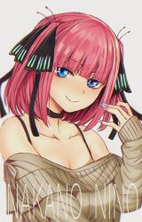 Rule 34 | 1girl, black choker, blue eyes, blue nails, blunt bangs, breasts, butterfly hair ornament, character name, choker, cleavage, closed mouth, collarbone, fingernails, go-toubun no hanayome, grey sweater, hair ornament, hand up, highres, hoshi san 3, long sleeves, looking at viewer, multicolored nails, nail polish, nakano nino, off-shoulder sweater, off shoulder, pink hair, purple nails, ribbed sweater, short hair, simple background, smile, solo, spaghetti strap, sweater, two side up, white background