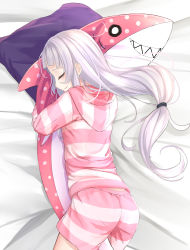 Rule 34 | 1girl, absurdres, alternate costume, animal-shaped pillow, ass, bed, blunt bangs, closed eyes, closed mouth, highres, hololive, hug, long hair, murasaki shion, hugging object, pajamas, pillow, shark, silver hair, sleeping, solo, tsuchinoko1026, virtual youtuber