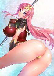 Rule 34 | 1girl, alternate color, ass, black gloves, blush, breasts, covered erect nipples, gloves, gundam, gundam seed, gundam seed destiny, hair ornament, highleg, highleg leotard, impossible clothes, impossible leotard, large breasts, leotard, long hair, looking at viewer, meer campbell, pink hair, pole, red leotard, rindou (radical dream), skin tight, smile, solo, star (symbol), star hair ornament, thong leotard