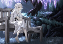 Rule 34 | 1girl, absurdres, bench, black ribbon, blue eyes, commentary request, dress, ender lilies quietus of the knights, expressionless, full body, grass, hair ornament, highres, jewelry, lily (ender lilies), long hair, looking at viewer, nature, necklace, outdoors, parted lips, pendant, re:i(59449286), ribbon, short sleeves, sitting, solo, tree, white dress, white hair