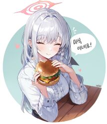 Rule 34 | 1girl, ^ ^, blue archive, blush, braid, burger, center frills, circle, closed eyes, demon wings, food, frills, grey hair, halo, haruna (blue archive), heart, highres, holding, holding food, korean text, long hair, shirt, simple background, single braid, smile, solo, straight hair, table, translated, white shirt, whoisshe, wings, wooden table