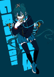 Rule 34 | 1girl, alternate costume, bandaid, bandaid on leg, between legs, black thighhighs, blue background, blue footwear, blue hair, blue nails, blue skirt, blue theme, blue thighhighs, body writing, boots, cable, colored skin, covered mouth, cross hair ornament, crossed ankles, full body, green eyes, hair between eyes, hair ornament, hand between legs, highres, holding, holding microphone, hood, hood down, hooded jacket, jacket, jin chongtian, liquid, long hair, long sleeves, looking at viewer, luo tianyi, microphone, microphone stand, miniskirt, nail polish, pale skin, pleated skirt, sitting, skirt, solo, text background, text focus, thighhighs, very long hair, vocaloid, vocanese, white skin