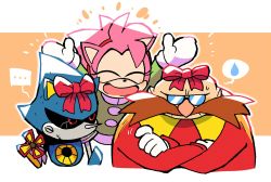 Rule 34 | ..., 1girl, 2boys, ^ ^, ^o^, amy rose, bow, closed eyes, dr. eggman, closed eyes, facial hair, facing viewer, furry, furry female, gloves, happy, highres, metal sonic, multiple boys, mustache, rariatto (ganguri), red bow, robot, sonic (series), sonic mania, sonic mania adventures, sonic the hedgehog, sonic the hedgehog (classic), spoken ellipsis, white gloves, winter clothes