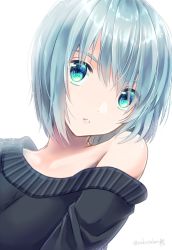 Rule 34 | 1girl, black sweater, blue eyes, looking at another, looking at viewer, off shoulder, original, parted lips, sakuyabm, short hair, silver hair, simple background, solo, sweater, twitter username, upper body, white background