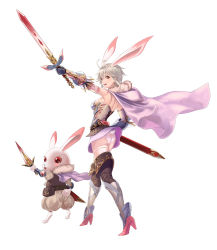 Rule 34 | 1girl, animal ears, boots, rabbit, rabbit ears, rabbit tail, butt crack, capelet, elbow gloves, fur, gloves, highres, looking at viewer, looking back, panties, red eyes, sheath, shoulder blades, simple background, smile, sword, tail, thighhighs, underwear, weapon, white hair, wolfedge, zettai ryouiki