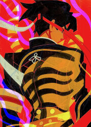 Rule 34 | 1boy, ace attorney, armband, black hair, black jacket, commentary request, from behind, headband, highres, jacket, kazuma asogi, long sleeves, male focus, red armband, red background, red headband, shino bunnys, solo, the great ace attorney, tiger stripes, upper body, yellow armband