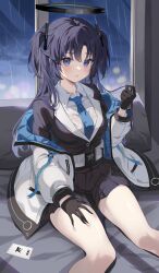Rule 34 | 1girl, belt, blue archive, blue necktie, blush, breasts, collared shirt, etesumsom, formal, gloves, half gloves, halo, highres, id card, jacket, long hair, looking at viewer, medium breasts, miniskirt, necktie, off shoulder, open clothes, open jacket, open mouth, parted bangs, pleated skirt, purple eyes, purple hair, rain, shirt, sidelocks, sitting, skindentation, skirt, solo, suit, two-sided fabric, two-sided jacket, two side up, water drop, wet, wet clothes, wet hair, white belt, white shirt, yuuka (blue archive)