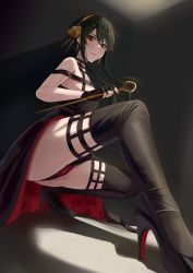 Rule 34 | 1girl, black dress, black gloves, black hair, black thighhighs, blush, boots, breasts, closed mouth, dagger, dress, fingerless gloves, floral print, flower, from below, gloves, gold hairband, hair flower, hair ornament, hairband, high heel boots, high heels, highres, holding, holding dagger, holding knife, holding weapon, knife, large breasts, looking at viewer, looking down, nail polish, panties, pantyshot, red eyes, red lips, red nails, red panties, red soles, rose, rose print, shoes, smodzz998, solo, spikes, spy x family, squatting, thigh boots, thighhighs, thighs, two-sided dress, two-sided fabric, two-tone dress, underwear, weapon, yor briar