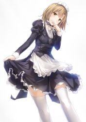 Rule 34 | 10s, 1girl, blush, brown eyes, brown hair, choker, clothes lift, cowboy shot, frilled skirt, frills, hand to own mouth, head tilt, isshiki iroha, lifting own clothes, looking at viewer, maid, maid headdress, simple background, skirt, skirt lift, smile, solo, thighhighs, white background, white thighhighs, wingheart, yahari ore no seishun lovecome wa machigatteiru., zettai ryouiki