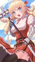 Rule 34 | 1girl, absurdres, armor, armored dress, black thighhighs, blonde hair, blue eyes, blue sky, blush, cloud, commentary request, dress, drill hair, hair between eyes, hair ribbon, highres, holding, holding weapon, juliet sleeves, long hair, long sleeves, looking back, open mouth, puffy sleeves, red dress, red ribbon, ribbon, ru wan chi, scarlett (unicorn overlord), sky, solo, standing, thighhighs, thighs, unicorn overlord, weapon, wind, wind lift