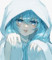 1girl absurdres blue_eyes blue_hair blue_nails closed_mouth commentary english_commentary hair_between_eyes hands_up hatsune_miku highres hood hood_up hooded_robe long_hair long_sleeves looking_at_viewer nail_polish robe saikisaika simple_background smile solo tongue tongue_out twintails upper_body vocaloid white_background white_robe