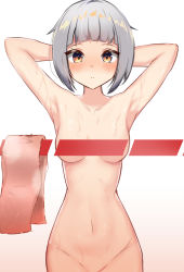 Rule 34 | 1girl, armpits, arms behind head, bad id, bad pixiv id, blunt bangs, blush, breasts, canizzz, closed mouth, collarbone, commentary request, convenient censoring, grey hair, groin, highres, looking at viewer, medium breasts, navel, nude, orange eyes, original, out-of-frame censoring, short hair, solo, standing, stomach, towel, wet, white background