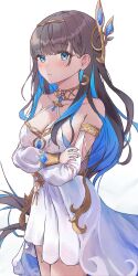 Rule 34 | 1girl, absurdres, alan (acealan5), armlet, bare shoulders, black hair, blue eyes, blue hair, bracelet, breasts, cleavage, collar, colored inner hair, dress, fortissimo, hair ornament, highres, jewelry, large breasts, long hair, long sleeves, multicolored hair, musical note, musical note hair ornament, nail polish, open mouth, punishing: gray raven, selena (punishing: gray raven), very long hair, white background, white dress