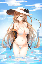 Rule 34 | 1girl, bikini, blue sky, blush, bow, breast tattoo, breasts, brown hair, cloud, day, frown, girls&#039; frontline, hat, hat bow, head tilt, highres, jacket, large breasts, lighthouse, long hair, lowleg, lowleg bikini, m37 (girls&#039; frontline), m37 (summer parader) (girls&#039; frontline), medium breasts, munape, navel, ocean, off shoulder, official alternate costume, open clothes, open jacket, orange eyes, outdoors, partially submerged, petals, sky, solo, string bikini, sun hat, swimsuit, tattoo, thigh gap, very long hair, wading, water, white bikini