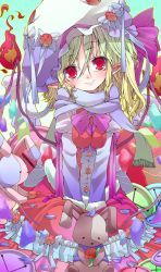 Rule 34 | 1girl, :&gt;, alternate costume, animal ears, bad id, bad pixiv id, blonde hair, bow, rabbit, rabbit ears, buttons, female focus, fire, flandre scarlet, flower, hat, highres, large buttons, long hair, pointy ears, red eyes, red flower, red rose, rose, scarf, shunsuke, smile, solo, stuffed animal, stuffed rabbit, stuffed toy, embodiment of scarlet devil, touhou