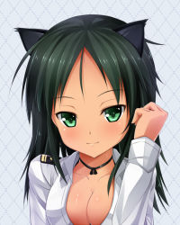 Rule 34 | 1girl, animal ears, black hair, blush, breasts, cat ears, cleavage, collarbone, francesca lucchini, green eyes, kuragari, medium breasts, aged up, shirt, smile, solo, strike witches, upper body, world witches series