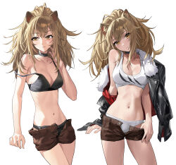 Rule 34 | 1girl, animal ears, arknights, black shirt, blonde hair, breasts, cleavage, closed mouth, crop top, head tilt, highres, jacket, large breasts, lion ears, lion tail, long hair, looking at viewer, navel, off shoulder, open fly, panties, shirt, shorts, siege (arknights), simple background, standing, tail, ttk (kirinottk), underwear, white background, white panties, white shirt, yellow eyes