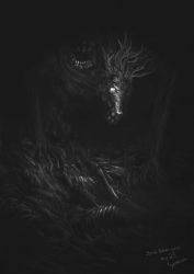 Rule 34 | bloodborne, glowing, glowing eye, greyscale, highres, long hair, looking at viewer, ludwig the accursed, monochrome, monster, no humans, skull, solo, teeth, tripdancer